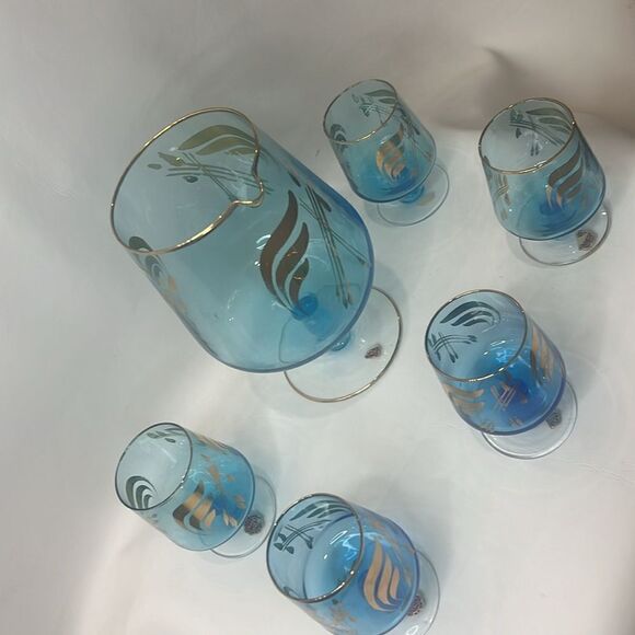 Italy Bar Spout Pitcher 5 Glass Vintage Cobalt Venetian Blue Hand Painted Gold - Picture 3 of 9